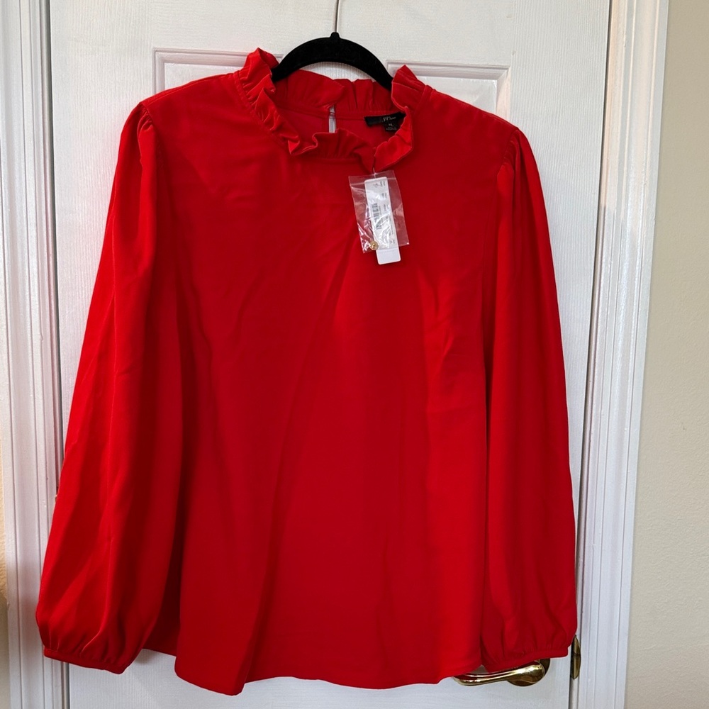 J. Crew Vibrant Red Ruffle Neck Blouse